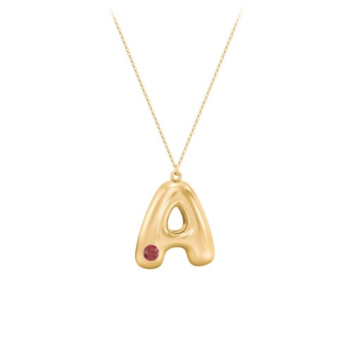 Custom Bubble Initial Necklace with Birthstone – 18K Gold Plated Silver with Garnet