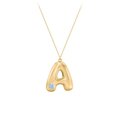 Custom Bubble Initial Necklace with Birthstone – 18K Gold Plated Silver with Blue Topaz