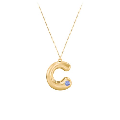 Custom Bubble Initial Necklace with Birthstone – 18K Gold Plated Silver with Tanzanite