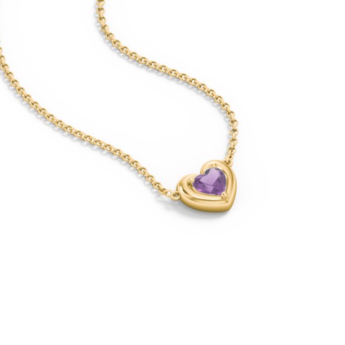 Puffy Heart Pendant with 1 Birthstone – 18K Gold Plated Silver with Amethyst