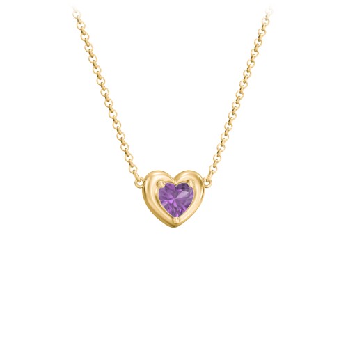 Puffy Heart Pendant with 1 Birthstone – 18K Gold Plated Silver with Amethyst