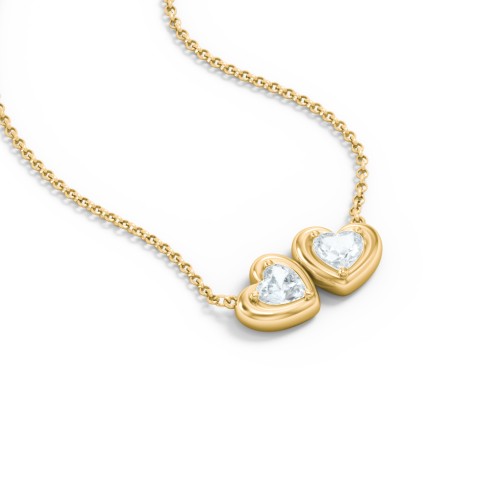 Puffy Heart Pendant with 2 Birthstones – 18K Gold Plated Silver with Aquamarine