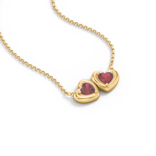 Puffy Heart Pendant with 2 Birthstones – 18K Gold Plated Silver with Garnet