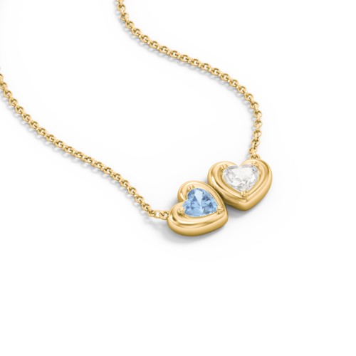Puffy Heart Pendant with 2 Birthstones – 18K Gold Plated Silver with Blue Topaz and Cubic Zirconia