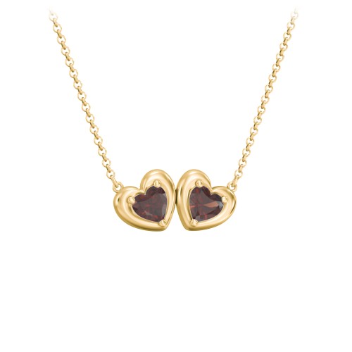 Puffy Heart Pendant with 2 Birthstones – 18K Gold Plated Silver with Garnet
