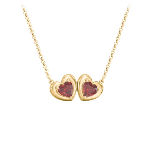 Puffy Heart Pendant with 2 Birthstones – 18K Gold Plated Silver with Garnet