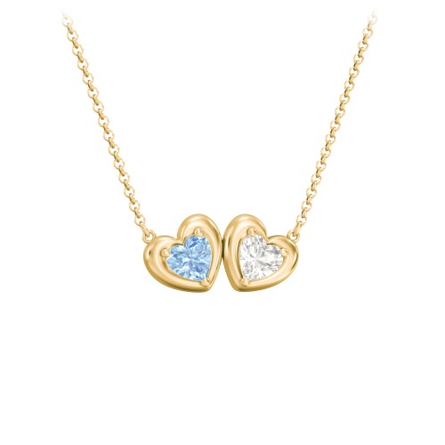 Puffy Heart Pendant with 2 Birthstones – 18K Gold Plated Silver with Blue Topaz and Cubic Zirconia