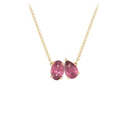 Toi et Moi Oval and Pear Gemstone Necklace in 18K Gold Plated Silver with Pink Tourmaline