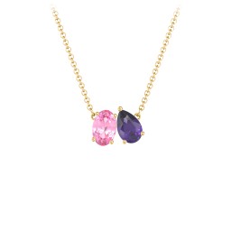 Toi et Moi Oval and Pear Gemstone Necklace in 18K Gold Plated Silver with Pink Tourmaline and Amethyst