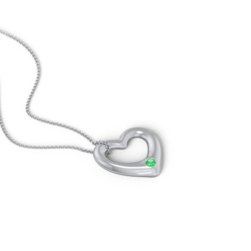 Floating Puffy Heart Pendant with 2 Birthstones – Sterling Silver with Emerald and Blue Sapphire