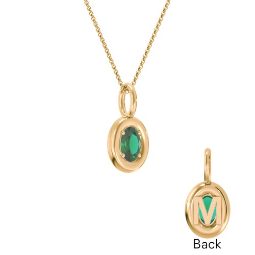 Oval Frame Stone Necklace With Back Initial – 18K Gold Plated Silver with Emerald