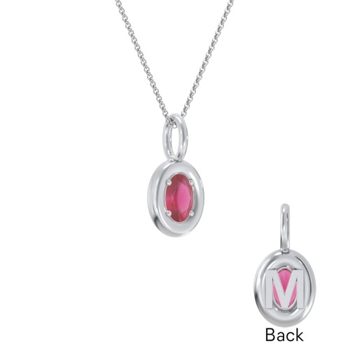 Oval Frame Stone Necklace With Back Initial – Sterling Silver with Ruby