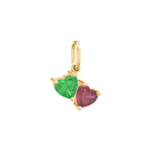 Double Heart Gemstone Charm – 10K Yellow Gold with Emerald and Ruby