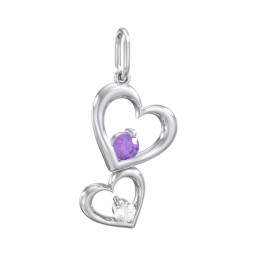 Tilted Hearts Charm with Gemstones in 925 Sterling Silver with Amethyst and Cubic Zirconia