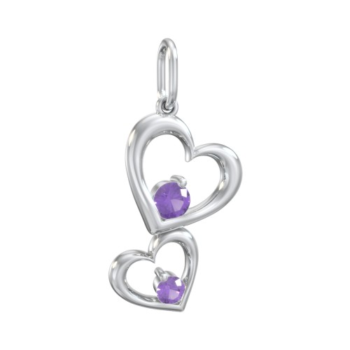Tilted Hearts Charm with Gemstones – Sterling Silver with Amethyst