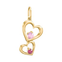 Tilted Hearts Charm with Gemstones in 10K Solid Yellow Gold with Pink Tourmaline and Ruby