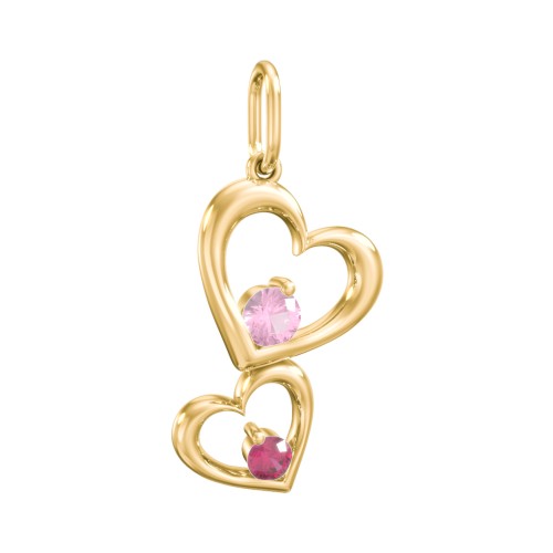 Tilted Hearts Charm with Gemstones – 10K Yellow Gold with Pink Tourmaline and Ruby
