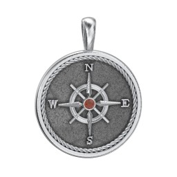 Men's Engravable Compass Pendant with Gemstone in 925 Sterling Silver with Garnet