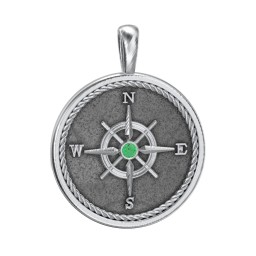 Men's Engravable Compass Pendant with Gemstone in 925 Sterling Silver with Emerald