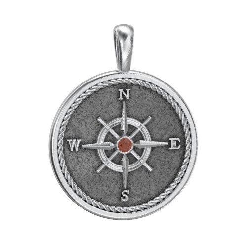 Men's Engravable Compass Pendant with Gemstone – Sterling Silver with Garnet