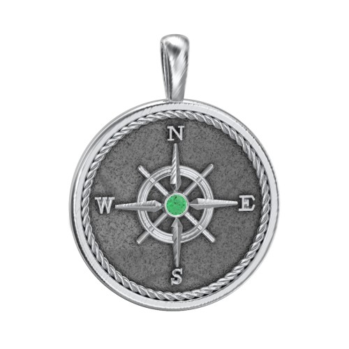 Men's Engravable Compass Pendant with Gemstone – Sterling Silver with Emerald