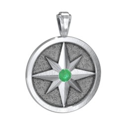Men's Engravable North Star Disc Pendant with Gemstone in 925 Sterling Silver with Emerald