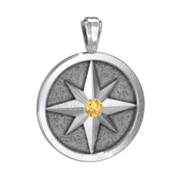 Men's Engravable North Star Disc Pendant with Gemstone in 925 Sterling Silver with Citrine
