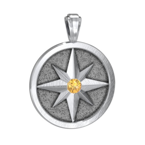 Men's Engravable North Star Disc Pendant with Gemstone – Sterling Silver with Citrine