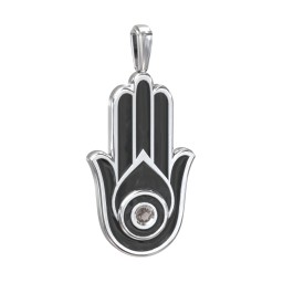Men's Engravable Hamsa Gemstone Pendant with Cold Enamel in 925 Sterling Silver with Smokey Quartz