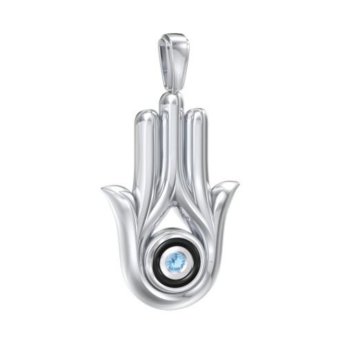 Men's Hamsa Pendant with Gemstone & Cold Enamel – Sterling Silver with Blue Topaz
