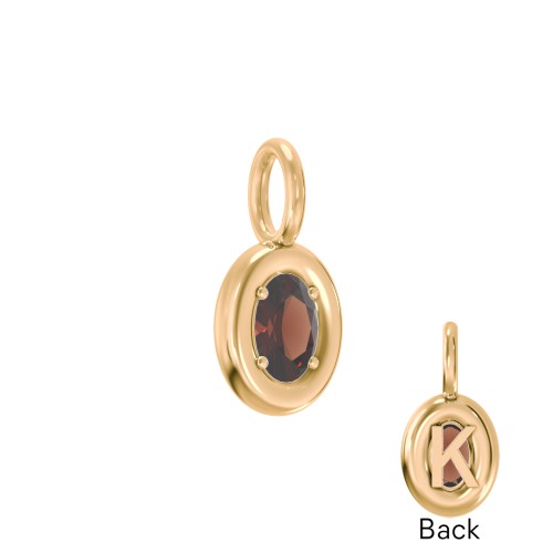 Oval Frame Stone Charm With Back Initial – 18K Gold Plated Silver with Garnet
