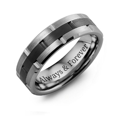 Men's Grooved Brushed Tungsten Ring with Ceramic Inlay