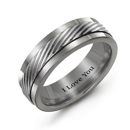 Men's Polished Tungsten Ring with Detailed Centre Band – Tungsten & Sterling Silver
