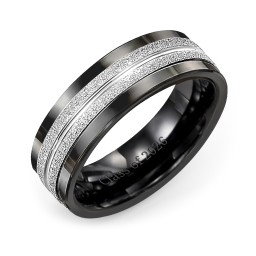 Men's Double Row Ring with Textured Inlay in Ceramic