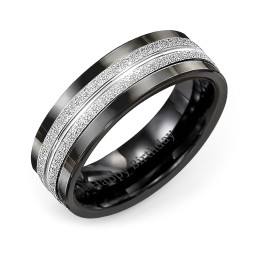 Men's Double Row Ring with Textured Inlay in Ceramic