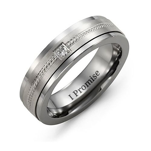 Men's Gemstone Ring with Rope Detail Inlay – Tungsten with Cubic Zirconia