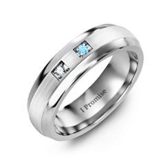 Men's Two Stone Dome Ring with Brushed Inlay – Ceramic with Cubic Zirconia and Blue Topaz