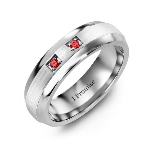 Men's Two Stone Dome Ring with Brushed Inlay – Tungsten with Garnet