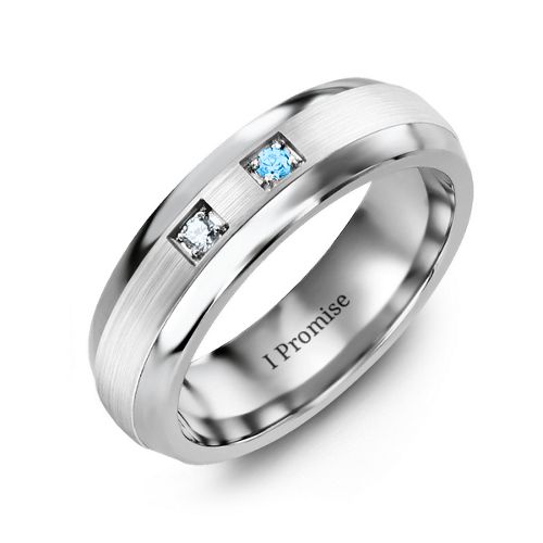 Men's Two Stone Dome Ring with Brushed Inlay – Tungsten with Cubic Zirconia and Blue Topaz