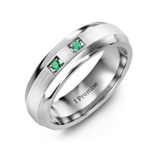 Men's Two Stone Dome Ring with Brushed Inlay – Tungsten with Emerald