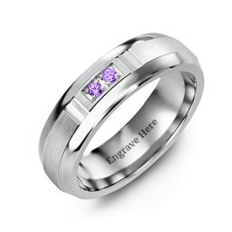 Men's Two Stone Ring with Brushed & Grooved Inlay in Tungsten with Amethyst