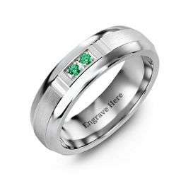 Men's Two Stone Ring with Brushed & Grooved Inlay in Tungsten with Emerald