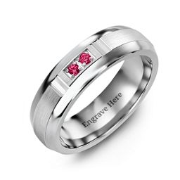 Men's Two Stone Ring with Brushed & Grooved Inlay in Tungsten with Ruby