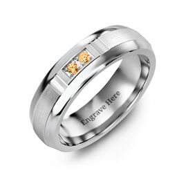 Men's Two Stone Ring with Brushed & Grooved Inlay in Tungsten with Citrine