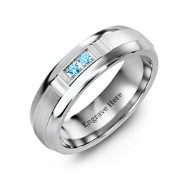 Men's Two Stone Ring with Brushed & Grooved Inlay in Tungsten with Blue Topaz