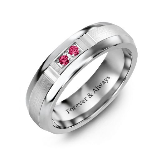 Men's Two Stone Ring with Brushed & Grooved Inlay – Tungsten with Ruby