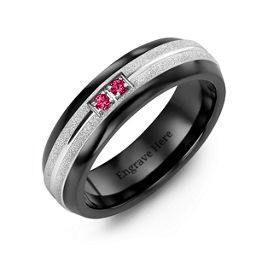 Men's Two Gemstone Ring with Banded Textured Inlay in Ceramic with Ruby
