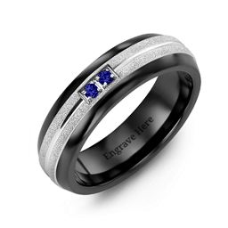 Men's Two Gemstone Ring with Banded Textured Inlay in Ceramic with Blue Sapphire