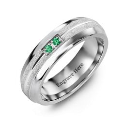 Men's Two Gemstone Ring with Banded Textured Inlay in Tungsten with Emerald