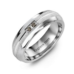 Men's Two Gemstone Ring with Banded Textured Inlay in Tungsten with Smokey Quartz
